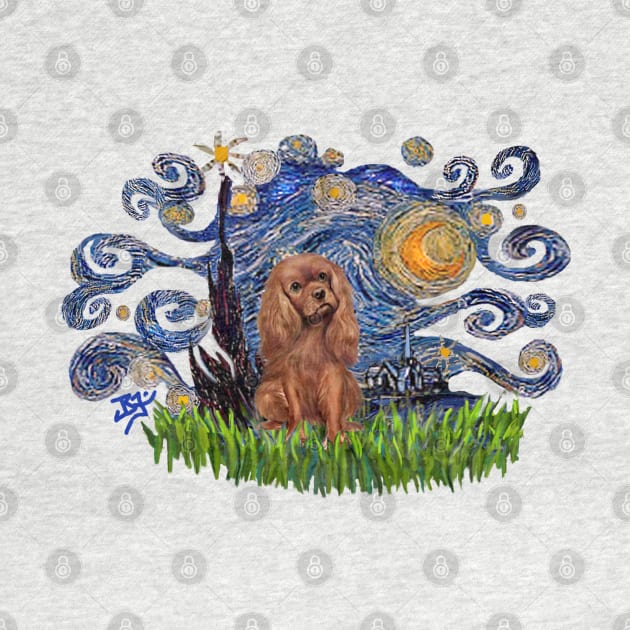 Ruby Cavalier King Charles Spaniel in Starry Night Adaptation by Dogs Galore and More